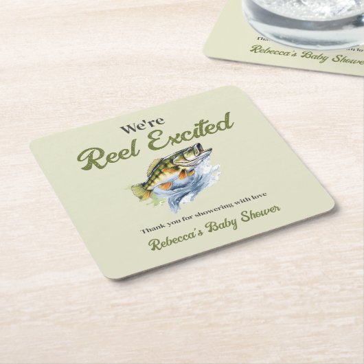 魚釣りセージ緑リール励起ベビーシャワー スクエアペーパーコースター (アングル)