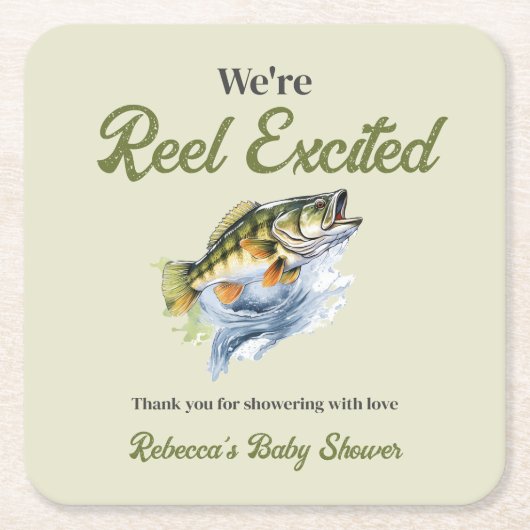 魚釣りセージ緑リール励起ベビーシャワー スクエアペーパーコースター (正面)