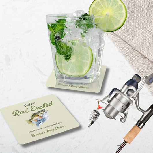 魚釣りセージ緑リール励起ベビーシャワー スクエアペーパーコースター