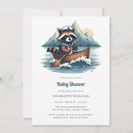 魚釣りセーラー航海のアライグマ男の子の赤ちゃんシャワー 招待状 (正面)