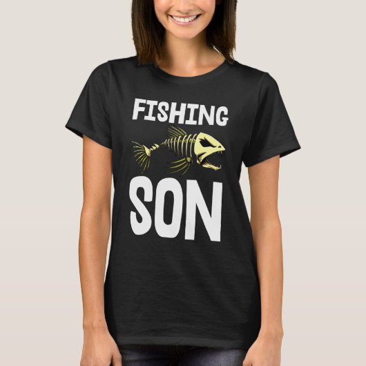 魚釣りソンの骨格魚の骨ティーズ鋭い歯 Tシャツ (正面)