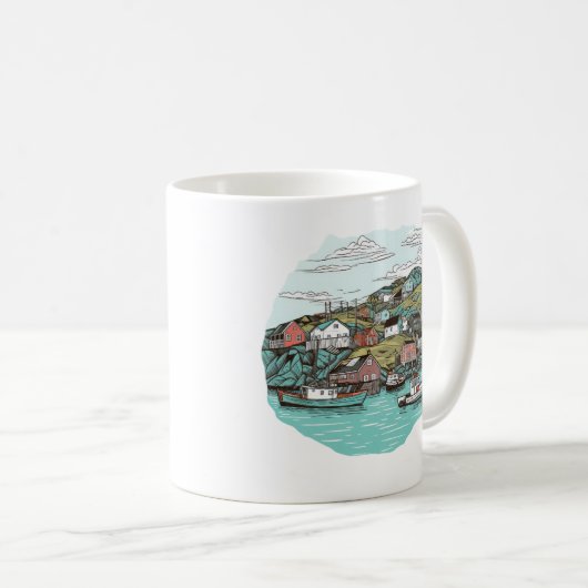 魚釣りタウンニューファンドランドハーバーイラストレーション コーヒーマグカップ (正面右)