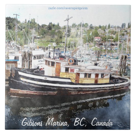 魚釣りタグボート5水彩アート6"タイル タイル (正面)