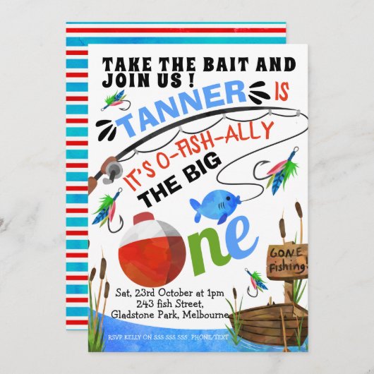 魚釣りテイクザベイトビッグワン誕生日招待状 招待状 (正面/裏面)
