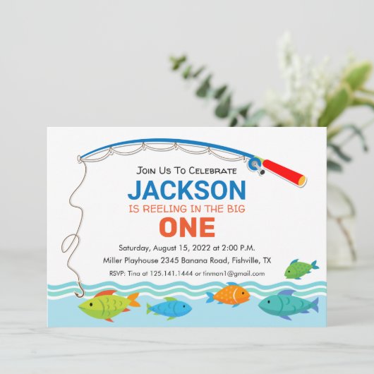 魚釣りテーマの最初の誕生日パーティーの招待 招待状 (スタンド正面)