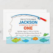 魚釣りテーマの最初の誕生日パーティーの招待 招待状 (正面/裏面)