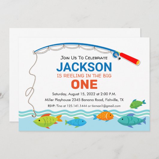 魚釣りテーマの最初の誕生日パーティーの招待 招待状 (正面/裏面)