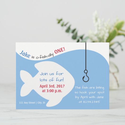 魚釣りテーマの誕生日パーティー招待状 招待状 (スタンド正面)