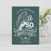 魚釣りテーマビッグバスリールティール（緑がかった色）メンズ50誕生日 招待状 (スタンド正面)