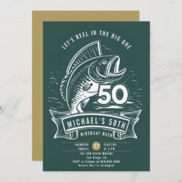 魚釣りテーマビッグバスリールティール（緑がかった色）メンズ50誕生日 招待状