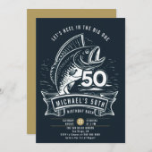魚釣りテーマビッグバスリール海軍メンズ50誕生日 招待状 (正面/裏面)