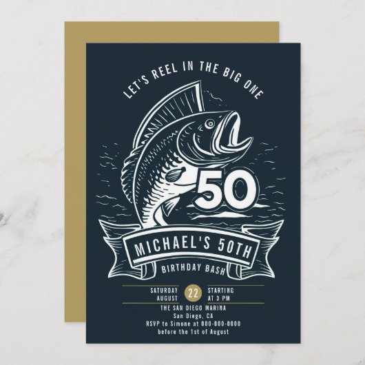 魚釣りテーマビッグバスリール海軍メンズ50誕生日 招待状 (正面/裏面)