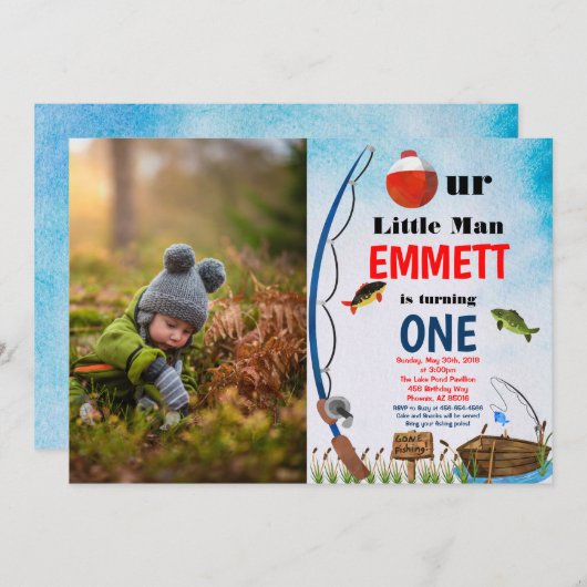 魚釣りテーマリールフィッシュボーイ1st任意の年齢誕生日 招待状 (正面/裏面)