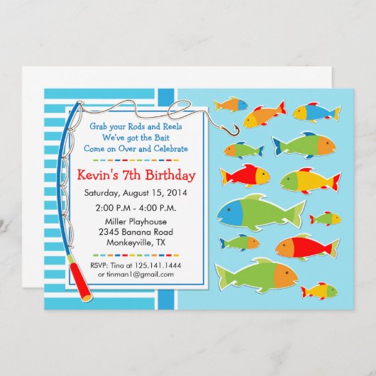魚釣りテーマ誕生日パーティーの招待 招待状 (正面/裏面)