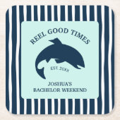 魚釣りネイビーバチュラーパーティリールグッドタイム スクエアペーパーコースター (正面)