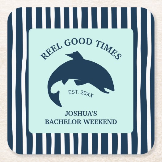 魚釣りネイビーバチュラーパーティリールグッドタイム スクエアペーパーコースター (正面)