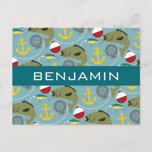 魚釣りパターン(名前をカスタムする) ポストカード (正面)