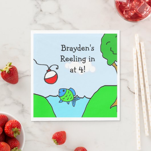 魚釣りパーソナライズされたをテーマにした少年の誕生日パーティー スタンダードランチョンナプキン (インサイチュ)