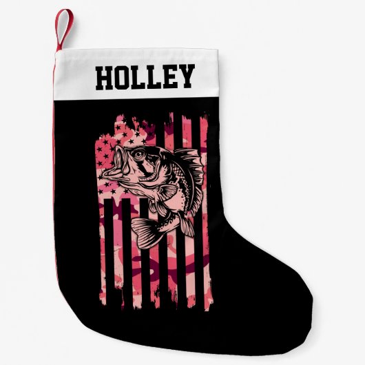 魚釣りパーソナライズされたカモフラージュ米国国旗 スモールクリスマスストッキング (正面)