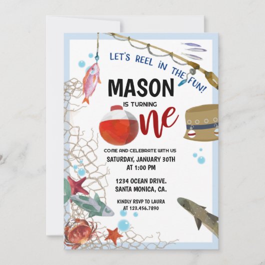魚釣りパーティー、ファースト誕生日、魚釣り招待状 招待状 (正面)