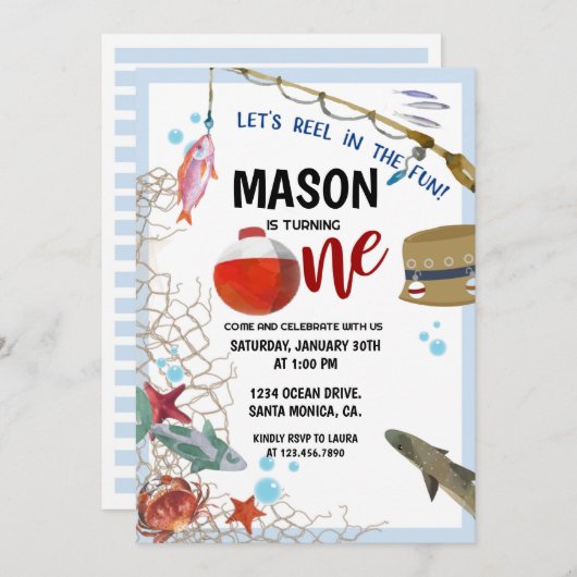 魚釣りパーティー、ファースト誕生日、魚釣り招待状 招待状 (正面/裏面)