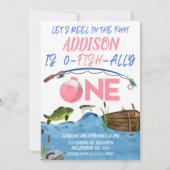 魚釣りピンクリールのおもしろいに頻繁に1歳の誕生日 招待状 (正面)