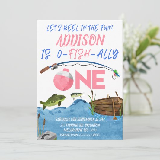 魚釣りピンクリールのおもしろいに頻繁に1歳の誕生日 招待状 (スタンド正面)