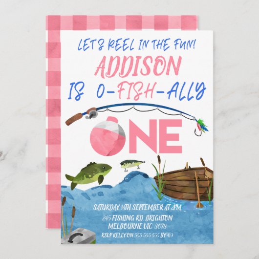 魚釣りピンクリールのおもしろいに頻繁に1歳の誕生日 招待状 (正面/裏面)