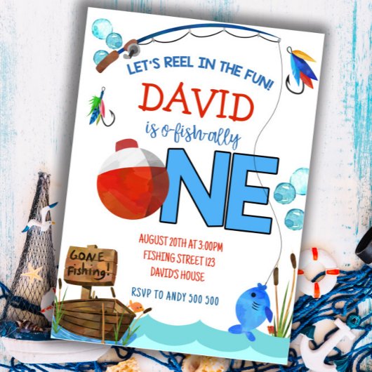 魚釣りファースト誕生日ボーイパーティーO-fish-ally 招待状