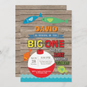 魚釣りファースト誕生日招待状ビッグ素朴ワン 招待状 (正面/裏面)