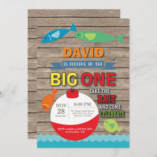 魚釣りファースト誕生日招待状ビッグ素朴ワン 招待状 (正面/裏面)