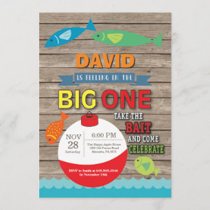 魚釣りファースト誕生日招待状ビッグ素朴ワン 招待状