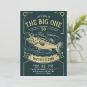 魚釣りフィッシュリールグリーン金ゴールドメンズ50誕生日 招待状 (スタンド正面)