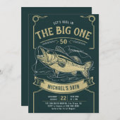 魚釣りフィッシュリールグリーン金ゴールドメンズ50誕生日 招待状 (正面/裏面)