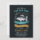 魚釣りフィッシュリールブルーブラックメンズ50誕生日 招待状 (正面)