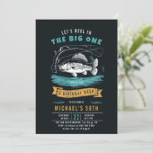 魚釣りフィッシュリールブルーブラックメンズ50誕生日 招待状 (スタンド正面)