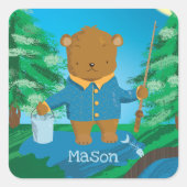 魚釣りブラウンベアキッドブルーグリーンステッカー スクエアシール (正面)