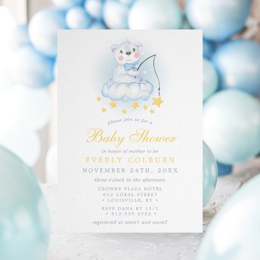 魚釣りベアーオンクラウドウォーター色の男の子ベイビーシャワー 招待状