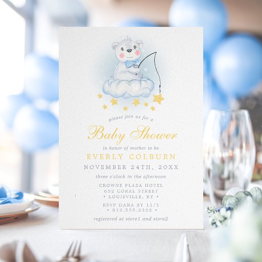 魚釣りベアーオンクラウドウォーター色の男の子ベイビーシャワー 招待状