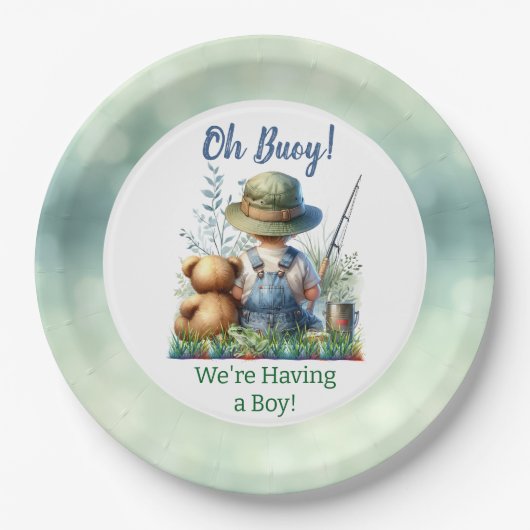 魚釣りベビーとテディベア | 赤ちゃんシャワー ペーパープレート (正面)