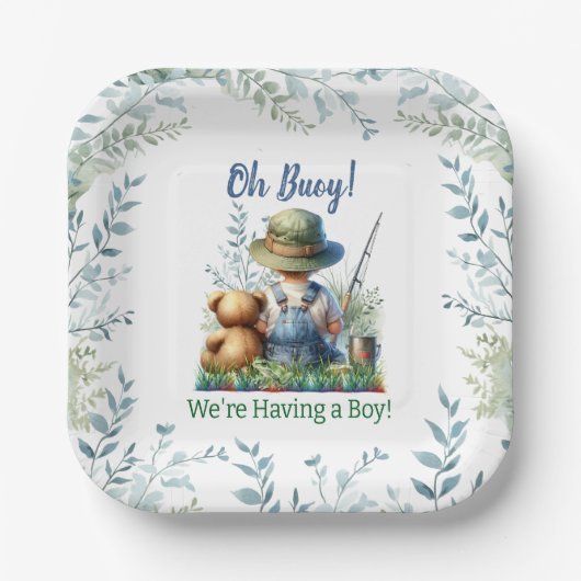 魚釣りベビーとテディベア | 赤ちゃんシャワー ペーパープレート (正面)