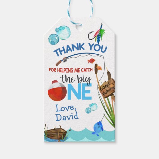 魚釣りボーイ誕生日ありがとうラベルギフトビッグワン ギフトタグ (正面)