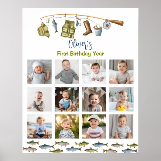 魚釣りボーイ誕生日フォトマイルストーンサイン ポスター (正面)
