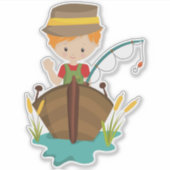 魚釣りボーイ、漁師、魚釣りロッド、オレンジヘア シール (正面)