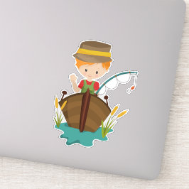 魚釣りボーイ、漁師、魚釣りロッド、オレンジヘア シール