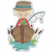 魚釣りボーイ、漁師、魚釣りロッド、金髪 シール (正面)