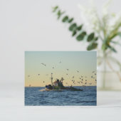 魚釣りボートとカモメの群れ ポストカード (スタンド正面)