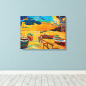 魚釣りボートと海が夕暮れ キャンバスプリント (インサイチュ (ウッドフロア))