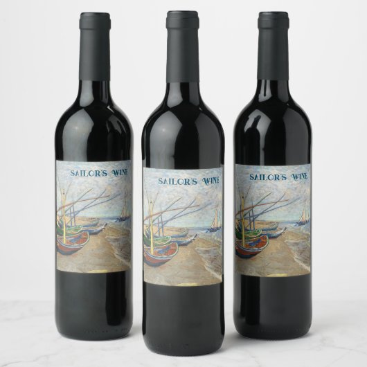 魚釣りボートのビーチバイビンセント・ヴァン・ゴッホ ワインラベル (ボトル)