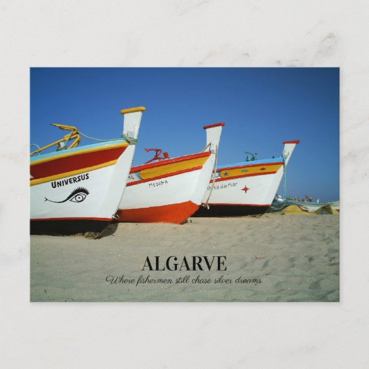 魚釣りボートをアルガルヴェのビーチ写真 ポストカード (正面)